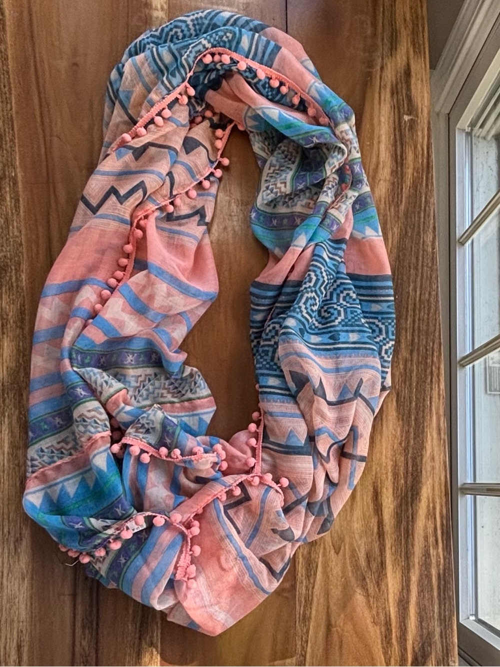 Boho Printed Infinity Scarf in Coral and Teal